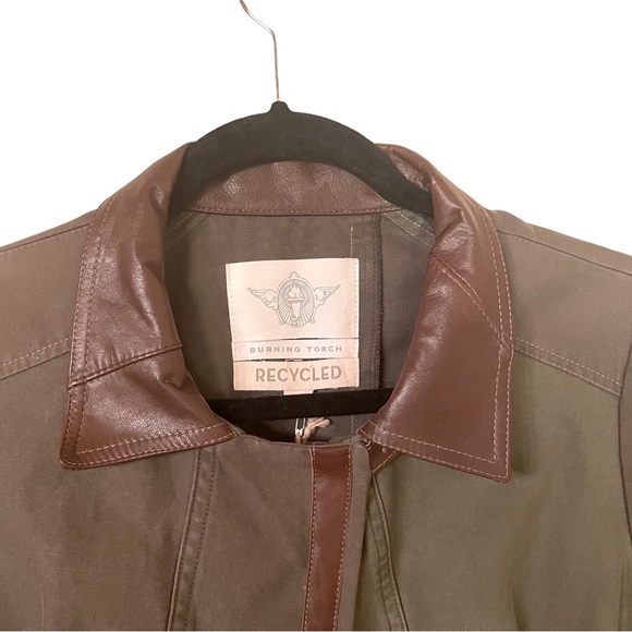 Upcycled Khaki Green Trench coat with upcycled Brown Leather Accents - Picture 10 of 10